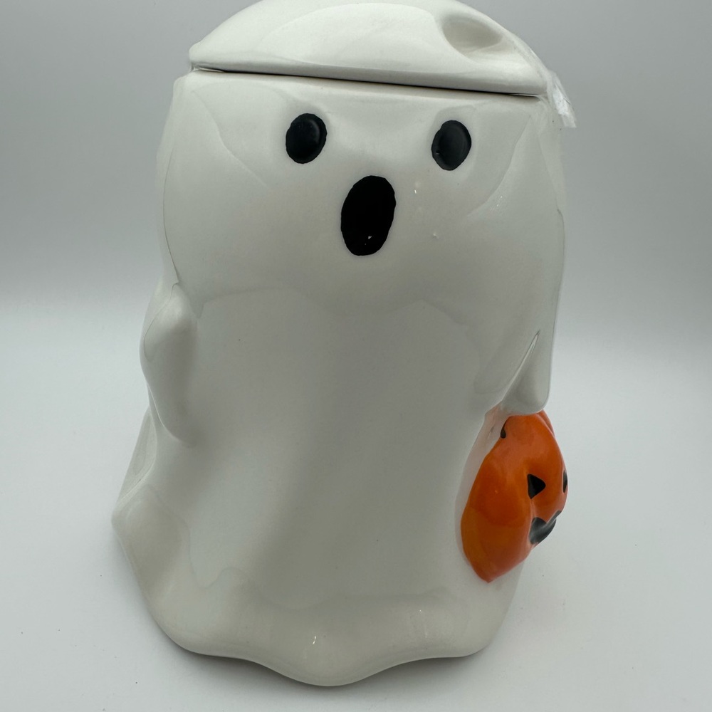 White Ghost Ceramic Jar with Orange Pumpkin Accent - Picture 2 of 9